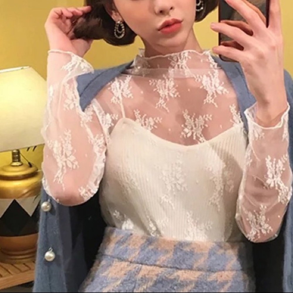 Lace blouse top shirt mesh transparent sexy women’s long sleeve